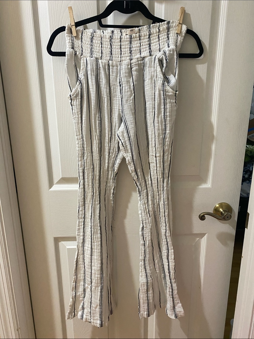 Billabong White Pants with Black Vertical Stripes